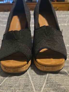 Toms Black Open-Toe Cork Wedge Sandals